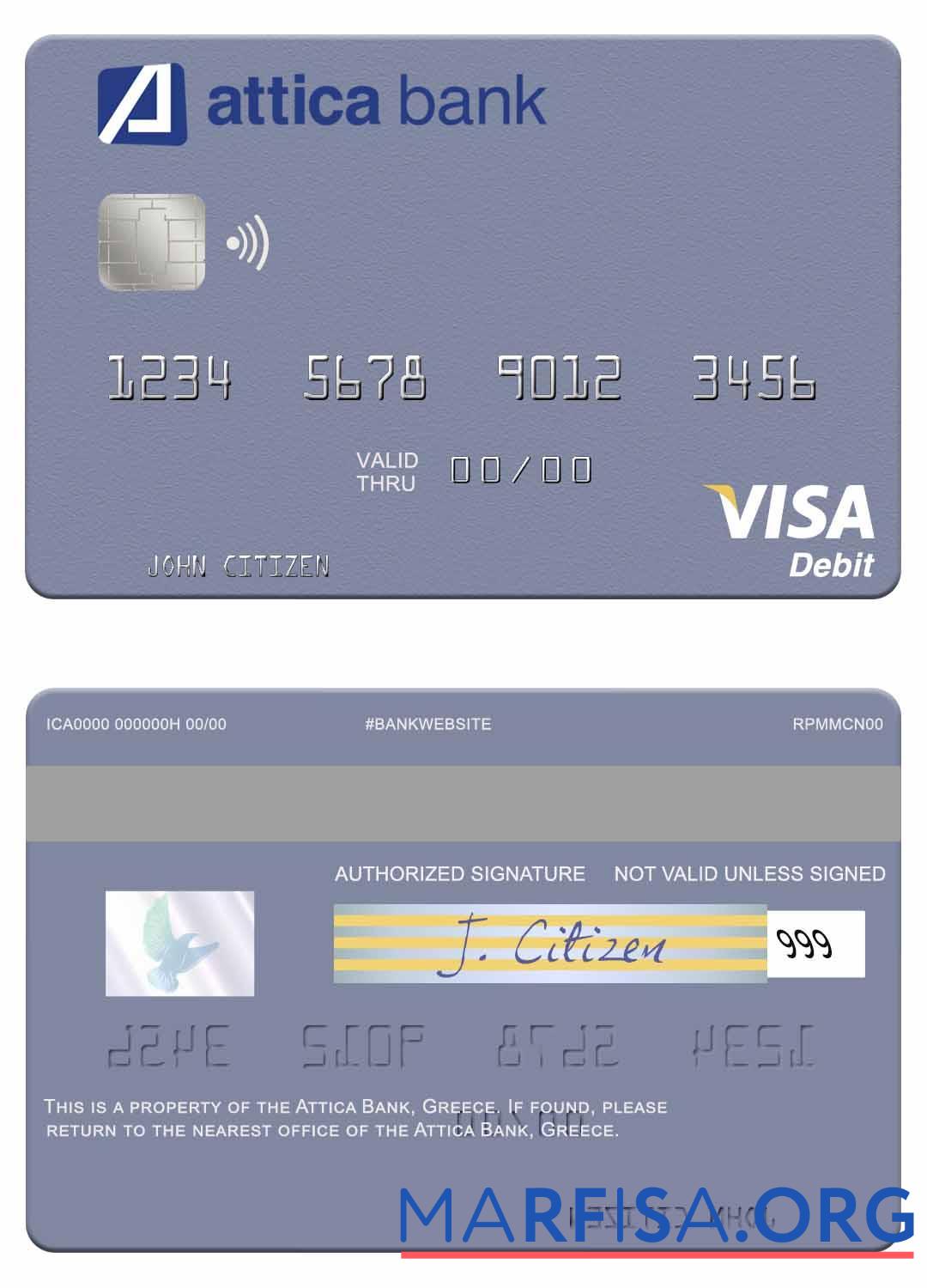 Downloadable Greece Attica Bank visa debit card sample